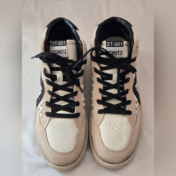 Schutz ST-Mid Rock Sneaker, Women's US Size 8. White/Black/Cream - Picture 2 of 10